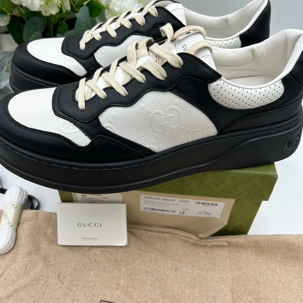 Men's Gucci GG embossed Leather black/white sneakers size 12.5 made in Italy - Picture 5 of 10